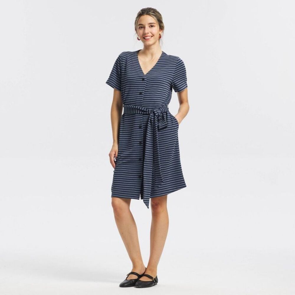 Women's Short Sleeve Belted Button-Down Shirtdress - Navy Blue Striped M